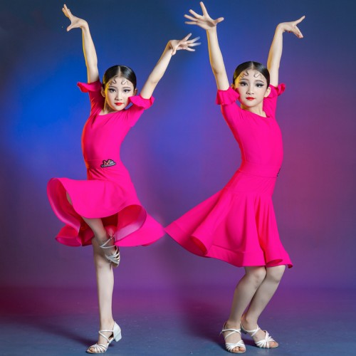 Pink purple latin dance dresses for girls kids modern dance ballroom dance dress for children modern dance latin performance outfits for children